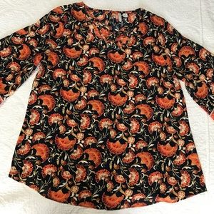 Boho style orange/blue flower patterned shirt